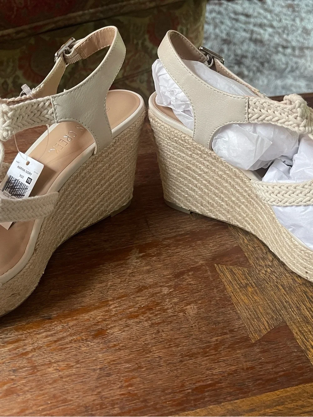 Falls Creek Cream Macramé Wedge Sandals with Ankle Buckle